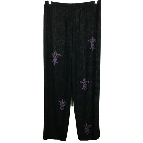 JGs Mad Lab Pants Womens Sz L Dark Purple Art To Wear Fleur De Lis Wide Leg - Picture 2 of 10
